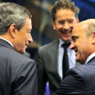 Draghi, Dijsselbloem y De Guindos, en el Eurogrupo.