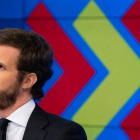Pablo Casado, ayer en rueda de prensa telemática en la sede del PP en Madrid. DL
