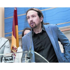 Pablo Iglesias en una rueda de prensa en el Congreso de los Diputados.