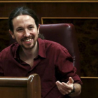Pablo Iglesias, en el Congreso de los Diputados el viernes, durante la segunda jornada de la investidura de Pedro Sánchez.
