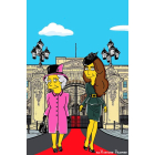 Arriba y la tercera foto, Kate Middleton y la reina Isabel II en su versión Simpson. Debajo, Marge con varios atuendos, como el famoso Chanel rosa que vestía Jackie Kennedy el día del asesinato de su marido en Dallas.A la izquierda, Anna Wintour también s