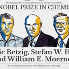 Ilustración de los profesores Eric Betzig, William E. Moerner y Stefan W. Hell, ganadores del Nobel de Química.