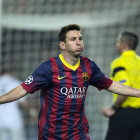 Messi celebra el gol marcado al Manchester City durante el partido de vuelta de los octavos de final de Liga de Campeones.