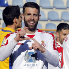 El delantero de la Cultural Rodri Ríos durante la celebración del gol anotado frente al Alcorcón. MARCIANO PÉREZ