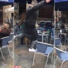 Imágenes del vídeo de la agresión de un ultra del Betis a un joven en Bilbao.