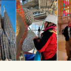 La Sagrada Familia con los ‘andamios’ en los que trabaja la leonesa Elisa Carballo Bayón. A la derecha, la restauradora en el interior del templo de Gaudí. DL