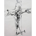 ‘Crucifixión’, dibujo de Antonio López, un detalle de la exposición en la galería Ármaga y ‘El ojo del misterio’, de Manuel Viola.