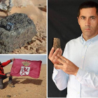 Imagen del meteorito, José Vicente Casado con la bandera de León en Túnez, donde encontró el meteorito, y sujetándolo en la mano.