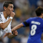Di María celebra su segundo gol, el cuarto del Madrid, durante el partido ante el Copenhague.