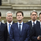 El alcalde de Londres, Boris Johnson; Miliband, Fallon, Clegg, Hammond y Cameron, ayer.