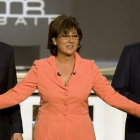 José Luís Rodríguez Zapatero y Mariano Rajoy junto a Olga Viza, moderadora del cara a cara que enfrentó a los candidatos en el 2008.