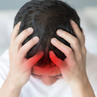 Brain diseases problem cause chronic severe headache migraine. Male adult look tired and stressed out depressed, having mental problem trouble, medical concept