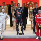 El podio del GP de Mónaco; de izquierda a derecha, Nico Rosberg, Mark Webber y Fernando Alonso.