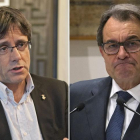 Carles Puigdemont, alcalde de Girona y presumiblemente próximo presidente de la Generalitat. A la derecha, Artur Mas durante la rueda de prensa en la que compareció para dar a conocer el acuerdo entre Junts pel Sí y la CUP.