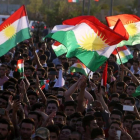 Personas de diferentes nacionalidades participan en una manifestación en apoyo del referéndum de independencia, en Erbil, capital del Kurdistán iraquí, el 13 de septiembre.