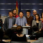 Pablo Iglesias, en la rueda de prensa que ha ofrecido junto a miembros de su grupo, este viernes en el Congreso.