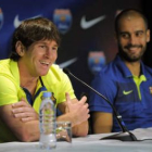 Messi, en una rueda de prensa junto a Pep Guardiola.