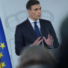 El presidente del Gobierno, Pedro Sánchez, en su intervención para hacer balance. /