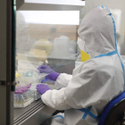 Una empleada del Laboratorio de Sanidad Animal ante las primeras PCR de Covid-19. RAMIRO