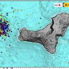 Gráfico del Instituto Geográfico Nacional que muestra los epicentros del medio millar de movimientos sísmicos registrados en El Hierro en los últimos tres días.