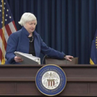 Janet Yellen, presidenta de la Reserva Federal, en una rueda de prensa, en Washington.