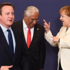 David Cameron, el portugués Antonio Costa y Angela Merkel, en la pasada cumbre.