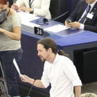 El líder de Podemos, Pablo Iglesias, durante una intervención en el Parlamento Europeo.