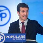 El presidente del PP, Pablo Casado, en rueda de prensa tras presidir en Barcelona la primera reunión del Comité Ejecutivo Nacional de su partido, el 26 de julio.