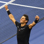 Nadal celebra el pase a la final del Open USA tras su triunfo ante Del Potro.