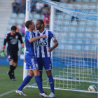 Alan Baró y Yuri celebran el gol del brasileño en el partido del sábado frente al RC Deportivo