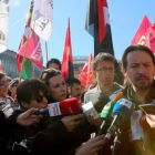 Pablo Iglesias en la concentración de trabajadores de los trabajadores de Ferrovial.