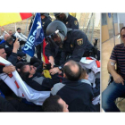 Un momento de la intervención policial del pasado jueves 17 contra funcionarios de prisiones ante el Centro Penitenciario Sevilla II, en Morón de la Frontera (Sevilla). A la derecha, el funcionario D.C., delegado sindical de ACAIP en Sevilla.