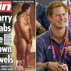 Portada de 'The Sun' de este jueves, con un modelo desnudo que imita al príncipe Enrique (a la derecha, en una de las competiciones olímpicas).