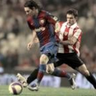El argentino Messi intenta zafarse del marcaje del defensor vasco Lertxundi