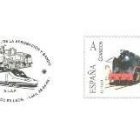 Matasellos y sello presentados en esta exhibición sobre la llegada del tren a la ciudad