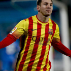 El delantero argentino del Barcelona, Leo Messi, celebra el segundo gol del equipo blaugrana ante el Getafe.