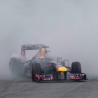 Vettel celebra en su monoplaza la victoria en el Gran Premio de Brasil de Fórmula 1.