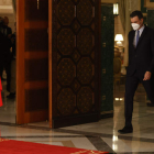 Pedro Sánchez a su llegada a la rueda de prensa ofrecida en Rabat durante su encuentro con el rey de Marruecos. MARISCAL