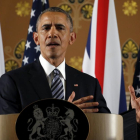 El presidente de EEUU, Barack Obama, durante la rueda de prensa con el primer ministro británico, David Cameron, en Londres.