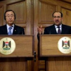 El secretario general de la ONU, Ban Ki-moon, durante la rueda de prensa conjunta con Nuri Al-Maliki