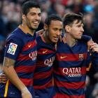 Los tres mosqueteros del Barcelona Luis Suárez, Neymar y Messi llevan el peso goleador del equipo blaugrana. QUIQUE GARCÍA