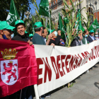Centenares de agricultores de León y Salamanca se concentraron ayer ante la sede del Ministerio de Agricultura en Madrid, con pancartas y plantas de maíz. BENITO ORDÓÑEZ