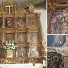 Imagen completa del retablo. Al lado, la deteriorada pintura que muestra a la Virgen sosteniendo a Cristo y el daño sufrido en la madera por el tiempo y los insectos.