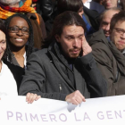 Pablo Iglesias, Xavier Domènech y Joan Baldoví entran en la rueda de prensa en la sede de Princesa, en Madrid.
