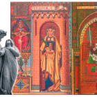A la izquierda, una escultura de una pareja de ángeles; en el centro una ilustración  de un santo y una santa que protagonizan una estampa religiosa junto a una representación de la crucifixión de Cristo. A la derecha, estampa del rey leonés Fernando III, un monarca santificado. DL