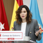 La presidenta de la Comunidad de Madrid, Isabel Díaz Ayuso, durante la rueda de prensa tras la reunión del Consejo de Gobierno, este miércoles en Leganés.