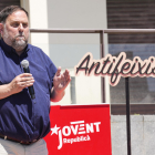 El presidente de Esquerra, Oriol Junqueras, durante el acto electoral de ERC en Mataró, este domingo. EFE/ Alejandro Garcia