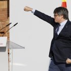 El expresidente catalán Carles Puigdemont, en un acto en Barcelona el pasado 8 de agosto tras casi siete años huido en el extranjero. EFE/ Alberto Estevez