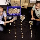 El fotógrafo Juan María Álvarez (d) y el catedrático de Prehistoria José Ramos muestran una cadena operativa lítica con bases naturales, núcleos, lascas y productos retocados, elaborados por sociedades Neandertales. Piedras talladas del Paleolítico, como puntas musterienses, raederas o denticulados, además de moluscos y restos óseos de animales del período Holoceno, son algunos de los cientos de vestigios prehistóricos que un vecino de Málaga ha hallado casualmente en unos montículos de arena depositada en la playa Sacaba. EFE/Jorge Zapata.