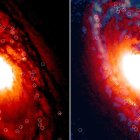 Un estudio internacional liderado por el Instituto de Astrofísica de Canarias (IAC) ha hallado nuevos lugares de formación de estrellas, en forma de pequeños y débiles cúmulos estelares, alrededor del centro de una galaxia evolucionada o "muy vieja". Fotografía facilitada por el Instituto de Astrofísica de Canarias HST/ ALMA. Composición: Gabriel Pérez Díaz (SMM, IAC). EFE